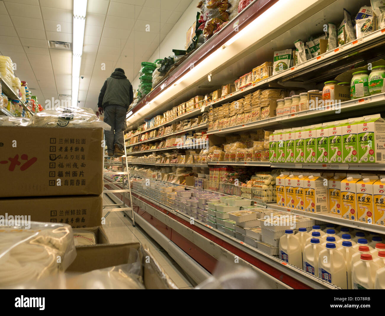 Worker stocks shelves in an Asian market in Albany, New York. Stock Photo