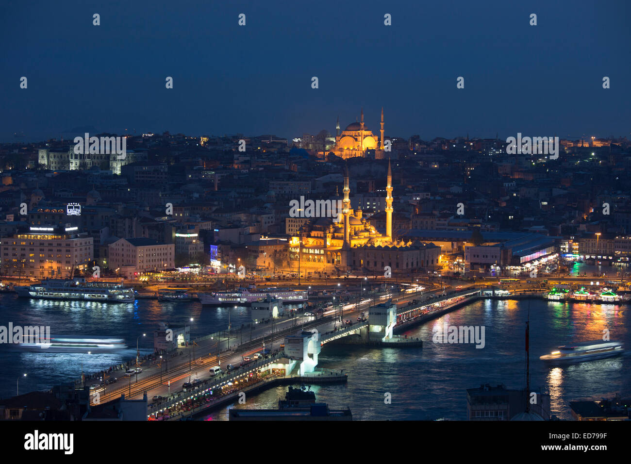 City scene Yeni Camii great mosque by Golden Horn of Bosphorus River, Topkapi Palace, Hagia Sophia Istanbul, Republic of Turkey Stock Photo