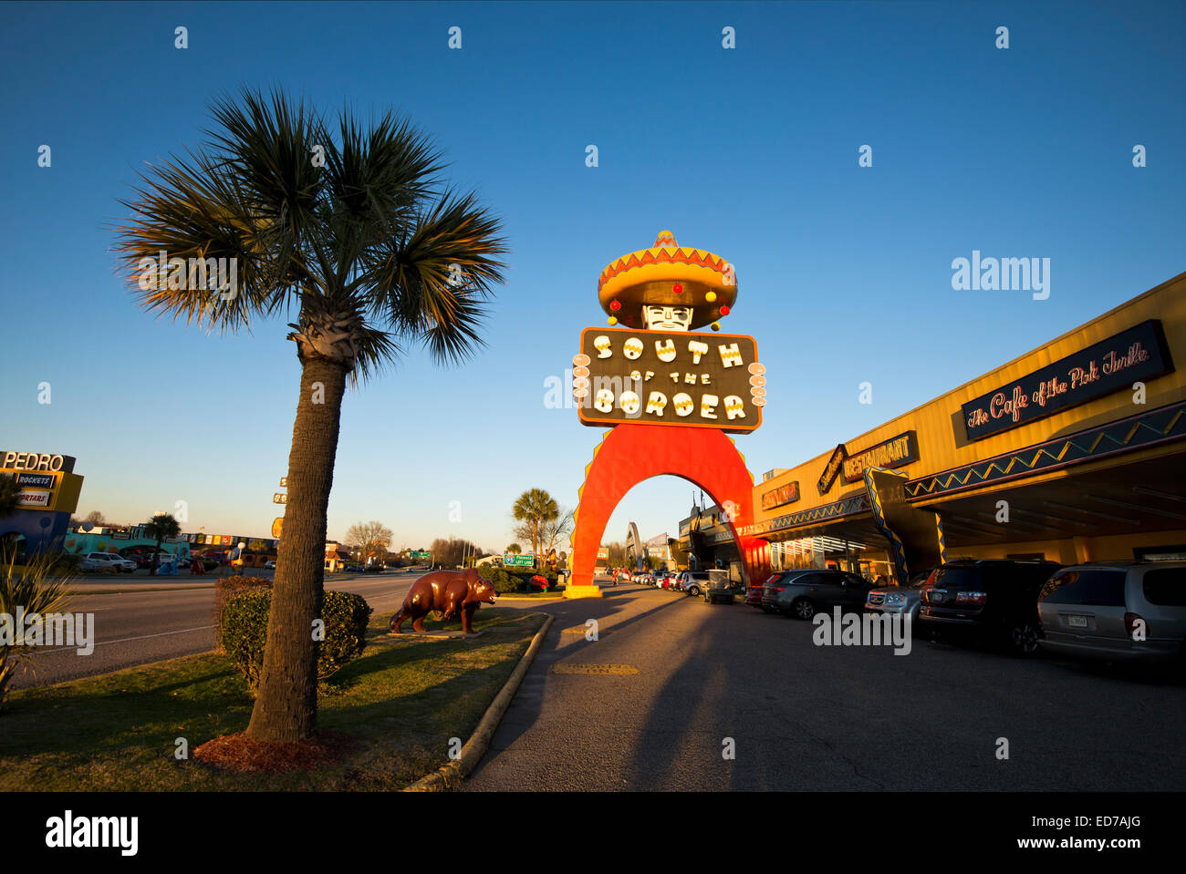 South of the Border sign at Sunset wide angle Stock Photo