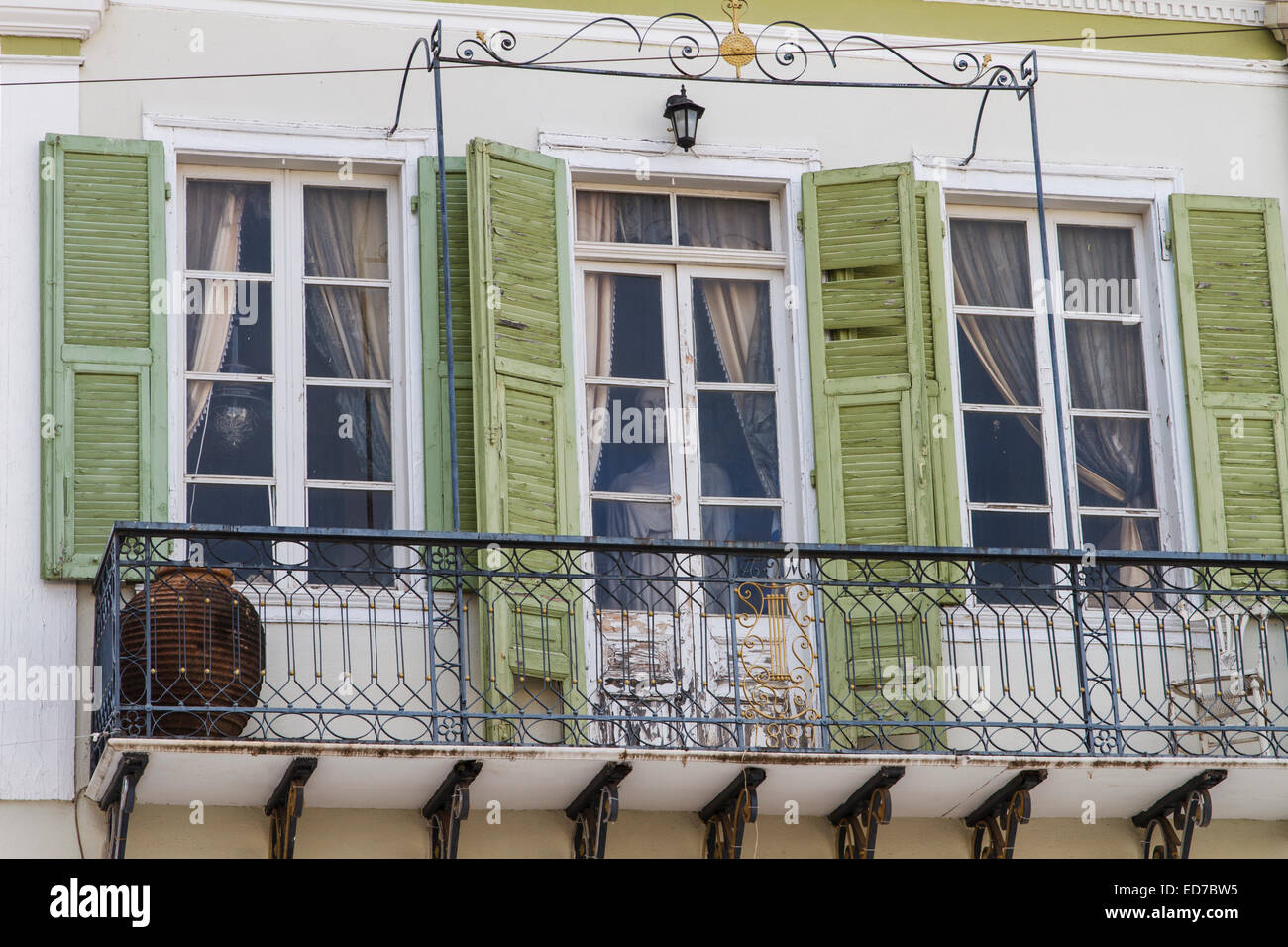 The balcony of a shop at Kalamata city. Messenia, Peloponnese, Greece Stock Photo