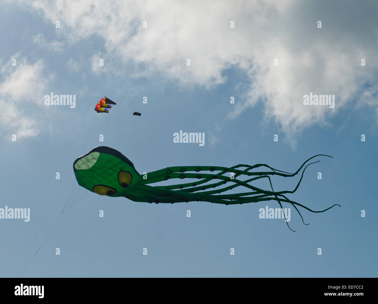 An octopus kite being flown at Hastings, East Sussex Stock Photo
