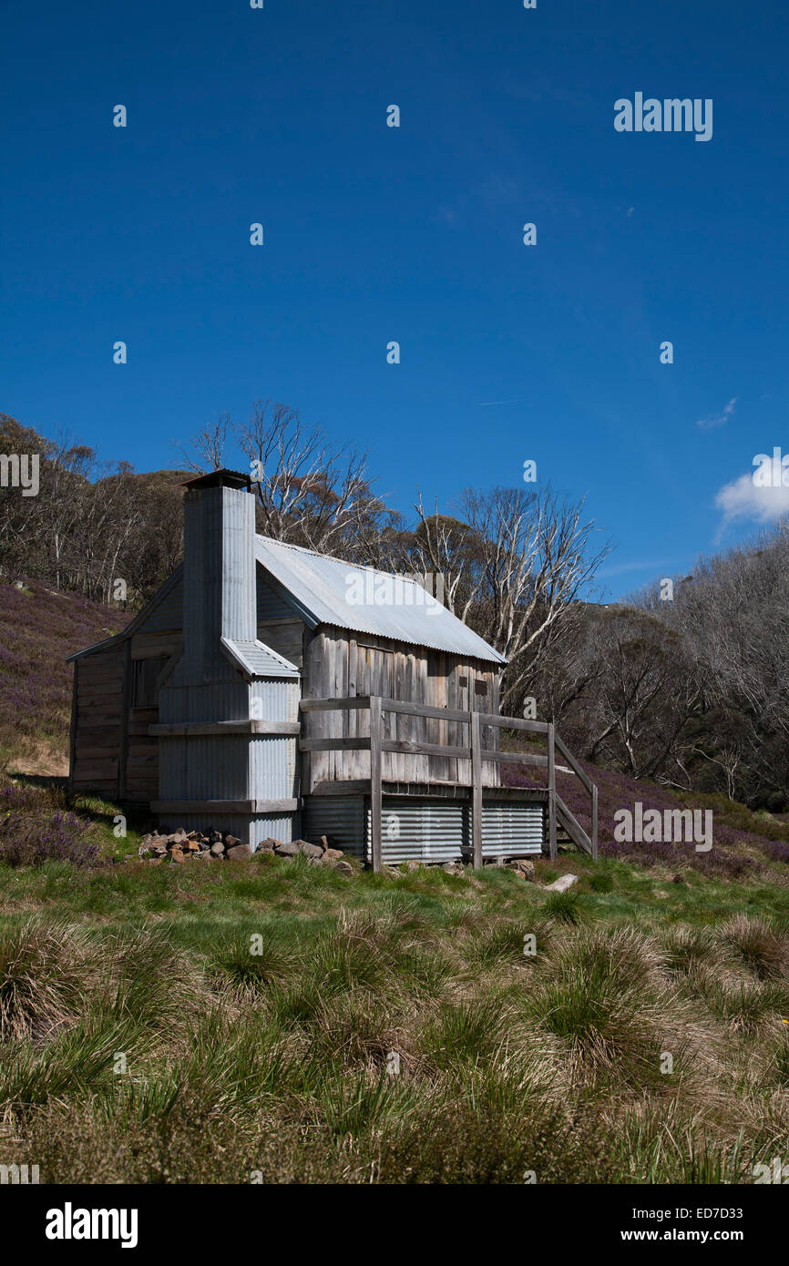 The Silver Brumby Hut, slab timber built, Mt Hotham in Victoria's Alpine Country Australia Stock Photo