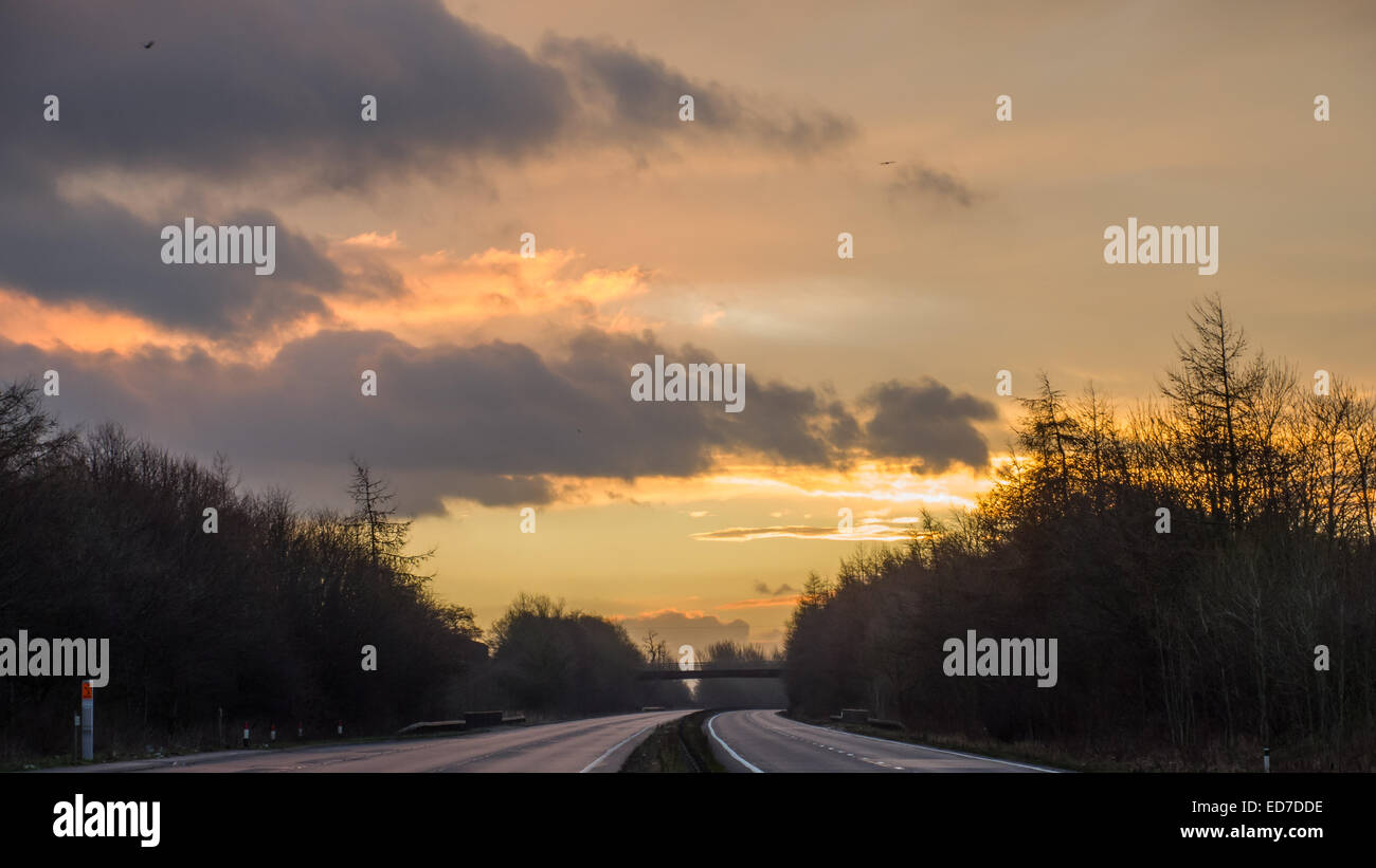 Last sunrise of 2014 - A66 Appleby Cumbria U.K Stock Photo