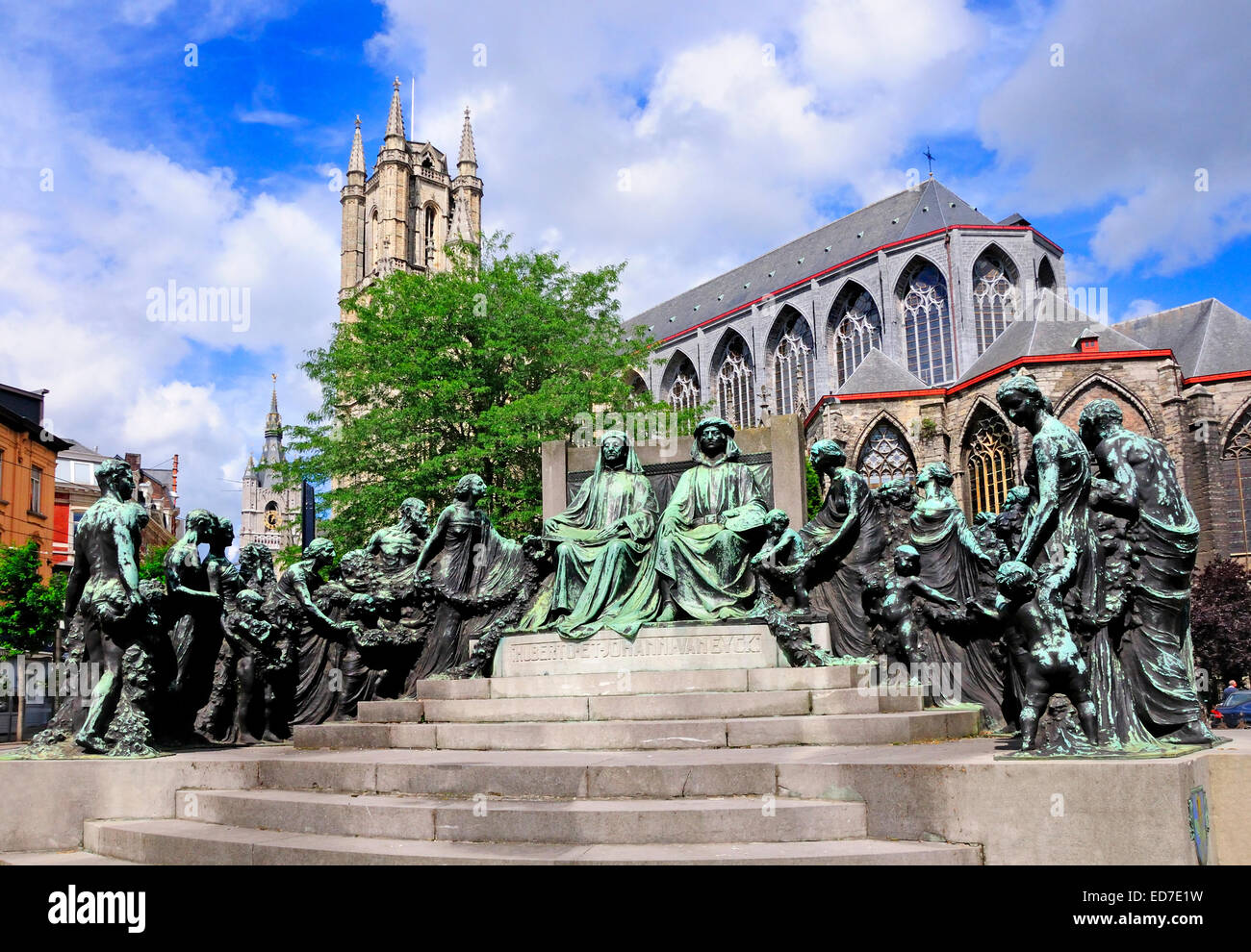 Ghent / Gent, Belgium. Monument to brothers Hubert and Johann Van Eyck in Gerhaard de Duivel Straat (street) Stock Photo