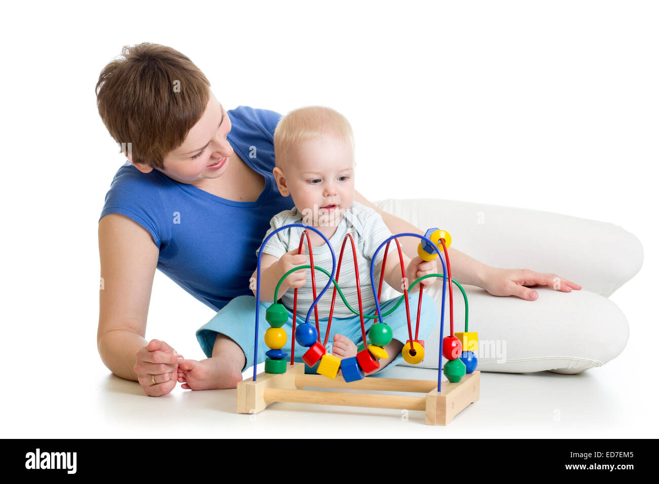 kid and mother play with educational toy Stock Photo