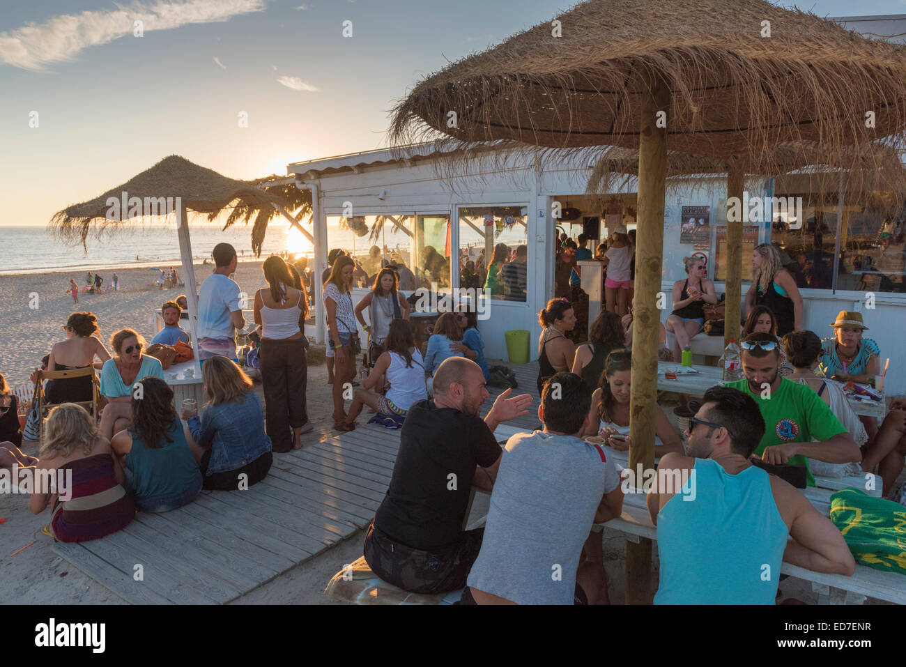Beach bar Bienestar Tarifa, Costa de la Luz, Cadiz, Andalusia, Spain. Stock Photo