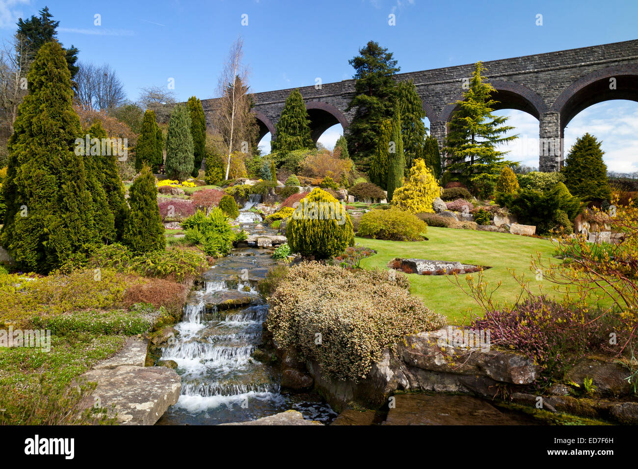 The waterfalls in Kilver Court Gardens in springtime, Shepton Mallet, Somerset, England, UK Stock Photo