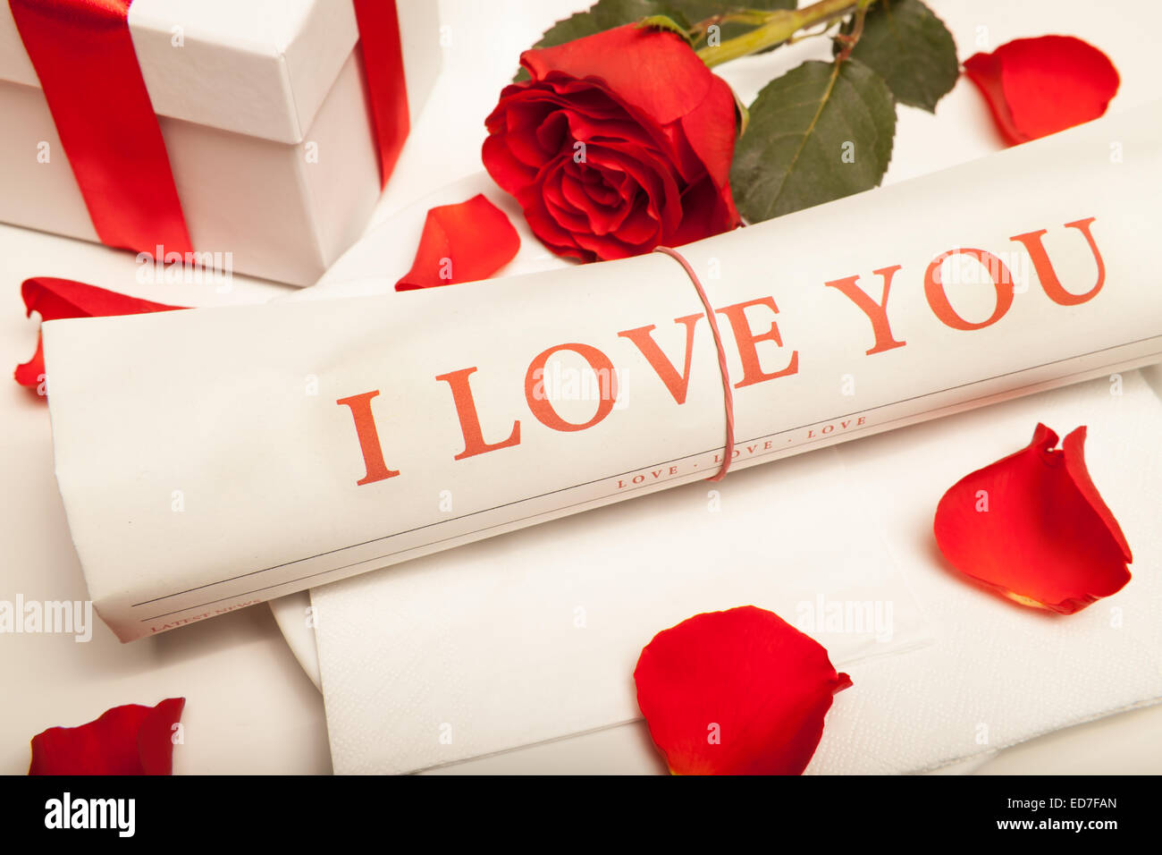 I Love You Newspaper Red Rose And Present Box Stock Photo