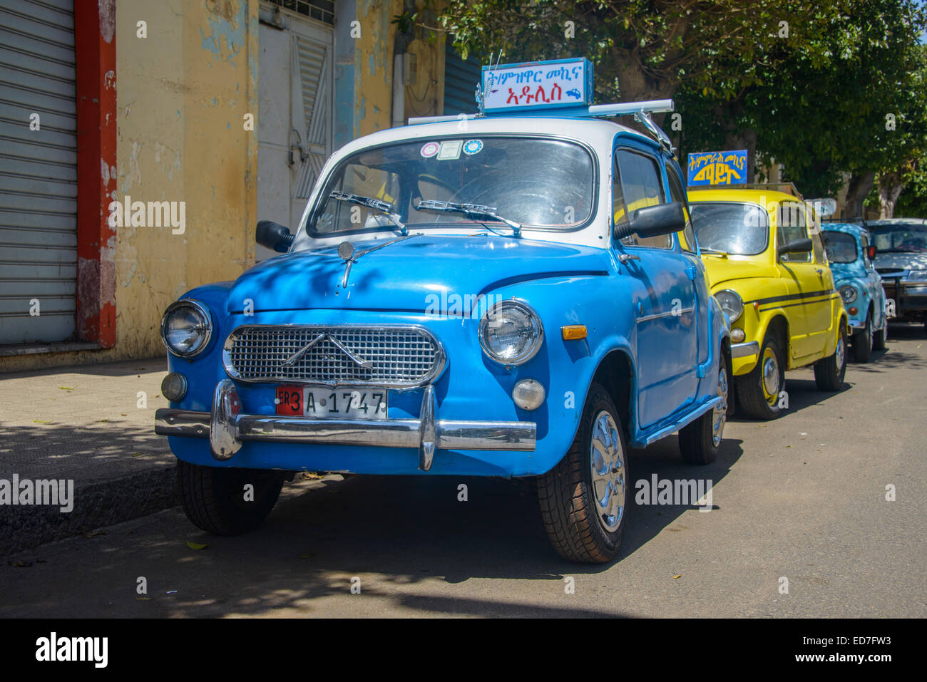 Old Fiat 500, now cars of a driving school, Asmara, Eritrea Stock Photo