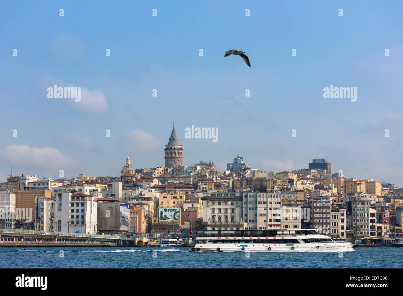 Skyline cityscape of Karakoy, Galata Tower and Beyoglu with ferry boat on Bosphorus River, Istanbul, Republic of Turkey Stock Photo