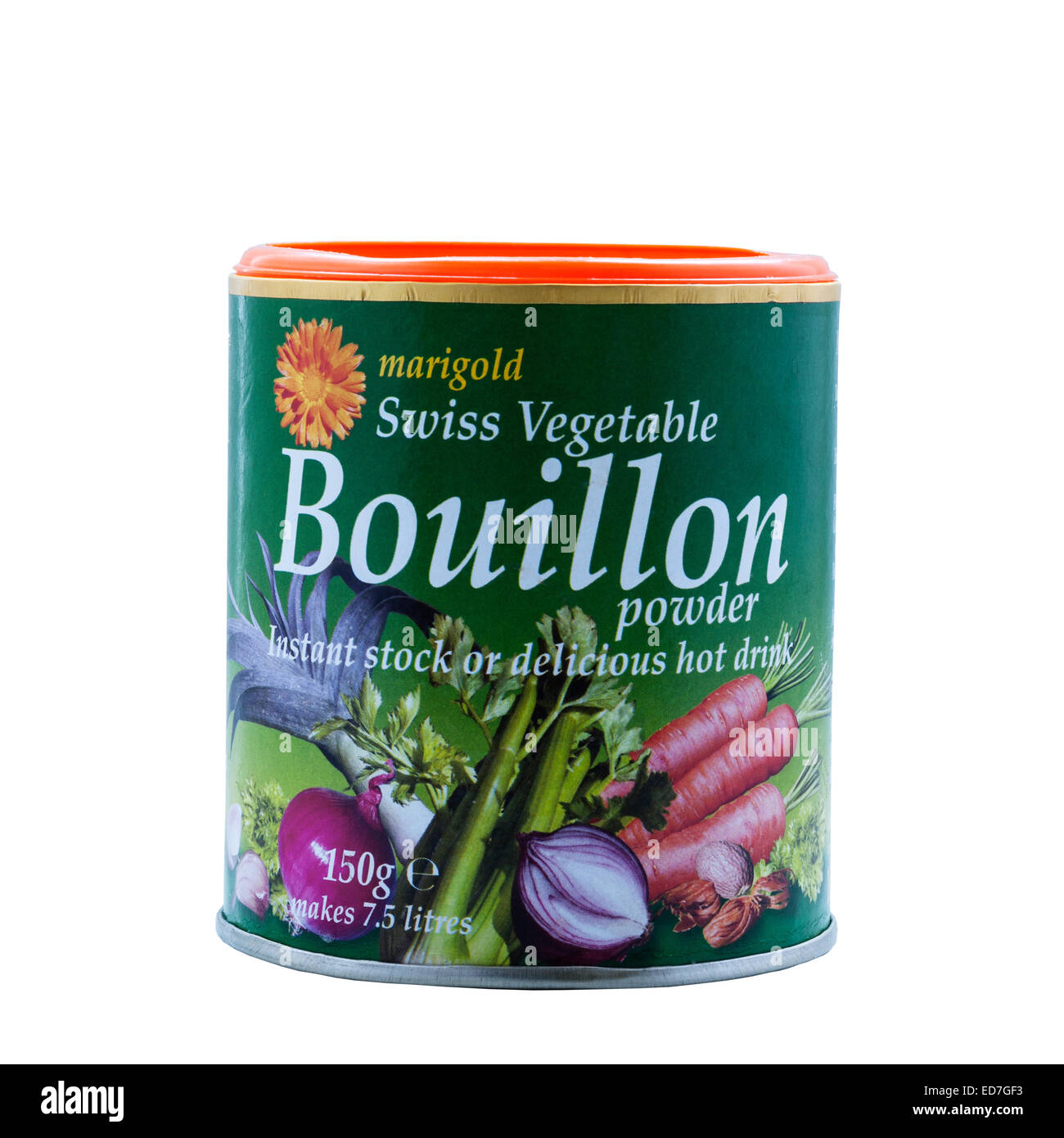 A tub of marigold Swiss Vegetable Bouillon powder on a white background