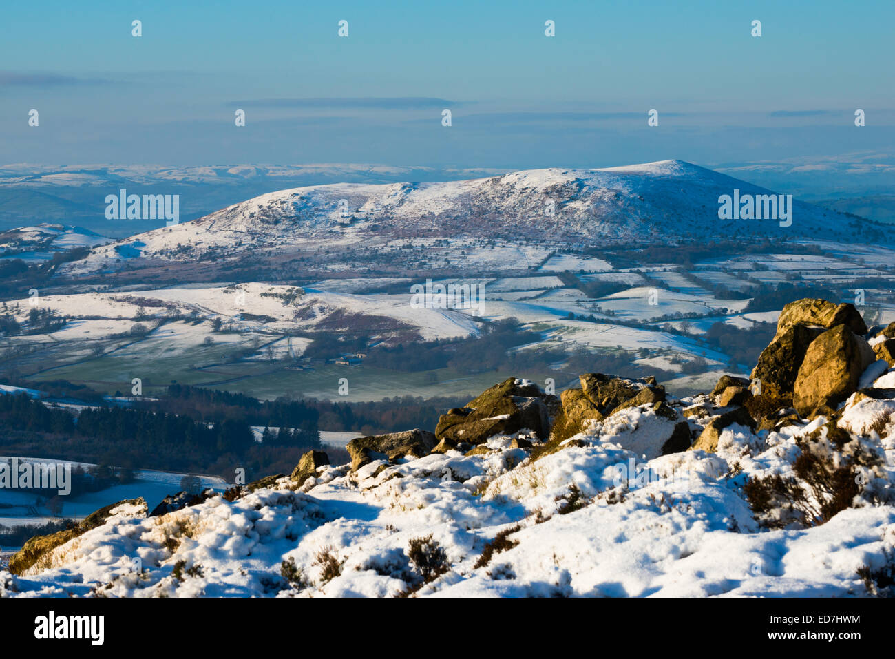 Corndon Hill, seen from the summit of the Stiperstones, Shropshire, England. Stock Photo