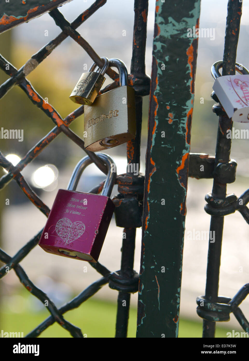 Love Locks, padlocks left by romantic couples on a fence at Montmatre
