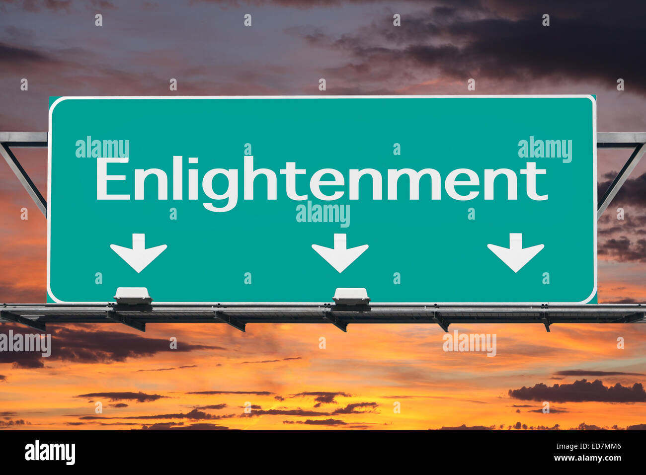 Freeway to enlightenment road sign with sunrise clouds. Stock Photo