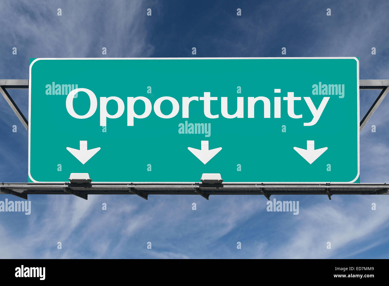 Freeway to opportunity road sign with cirrus clouds. Stock Photo