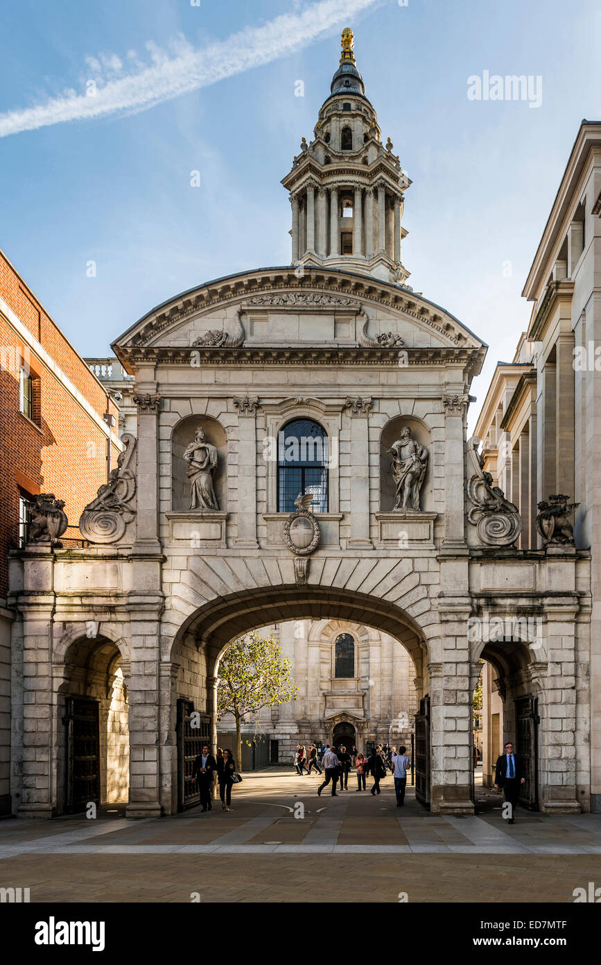 Temple Bar Gateway was an entrance to the City of London designed by Christopher Wren and now located at Paternoster Square. Stock Photo