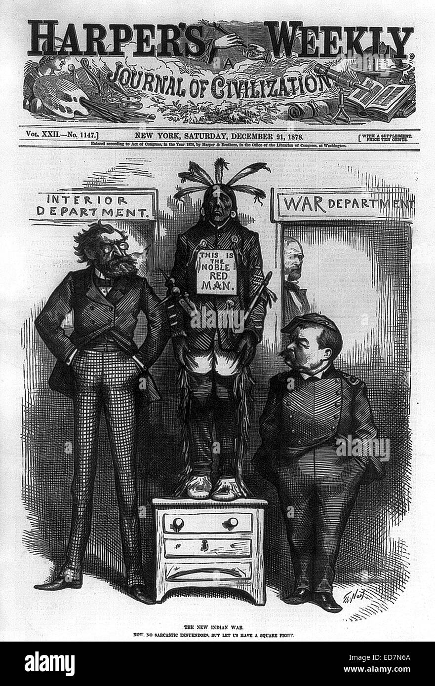 'The new Indian war. Now, no sarcastic innuendoes, but let us have a square fight' cartoon by Thomas Nast. Dec 21, 1878 featured on the cover of Harper's Weekly Stock Photo
