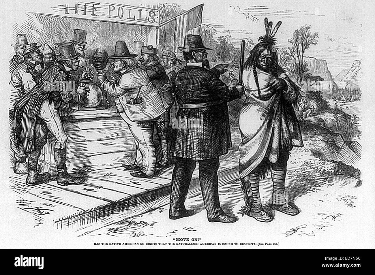 'Move on! Has the Native American no rights that the naturalized American is bound to respect?' Thomas Nast Cartoon. April 22, 1871 Stock Photo