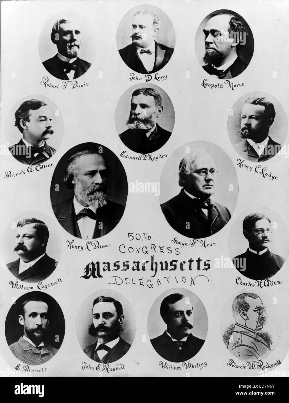 Composite of fourteen head-and-shoulders portraits of 50th Congress Massachusetts delegates including: Robert Davis, John D. Long, Leopold Morse, Patrick A. Collins, Edward D. Hayden, Henry C. Lodge, Henry L. Dawes, George F. Hoar, William Cogswell, Charles H. Allen, E. Burnett, John E. Russell, William Whiting, and Francis W. Rockwell. 1888 Stock Photo