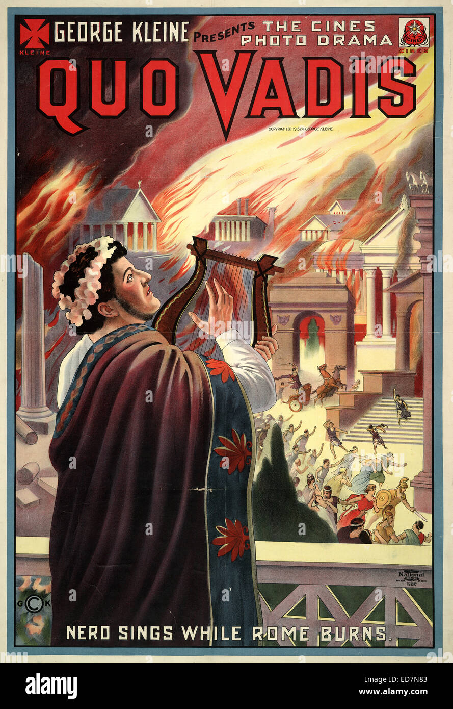 Motion picture poster for 'Quo Vadis' showing Nero playing lyre while citizens of Rome flee the fire. 1913.  George Kleine Stock Photo