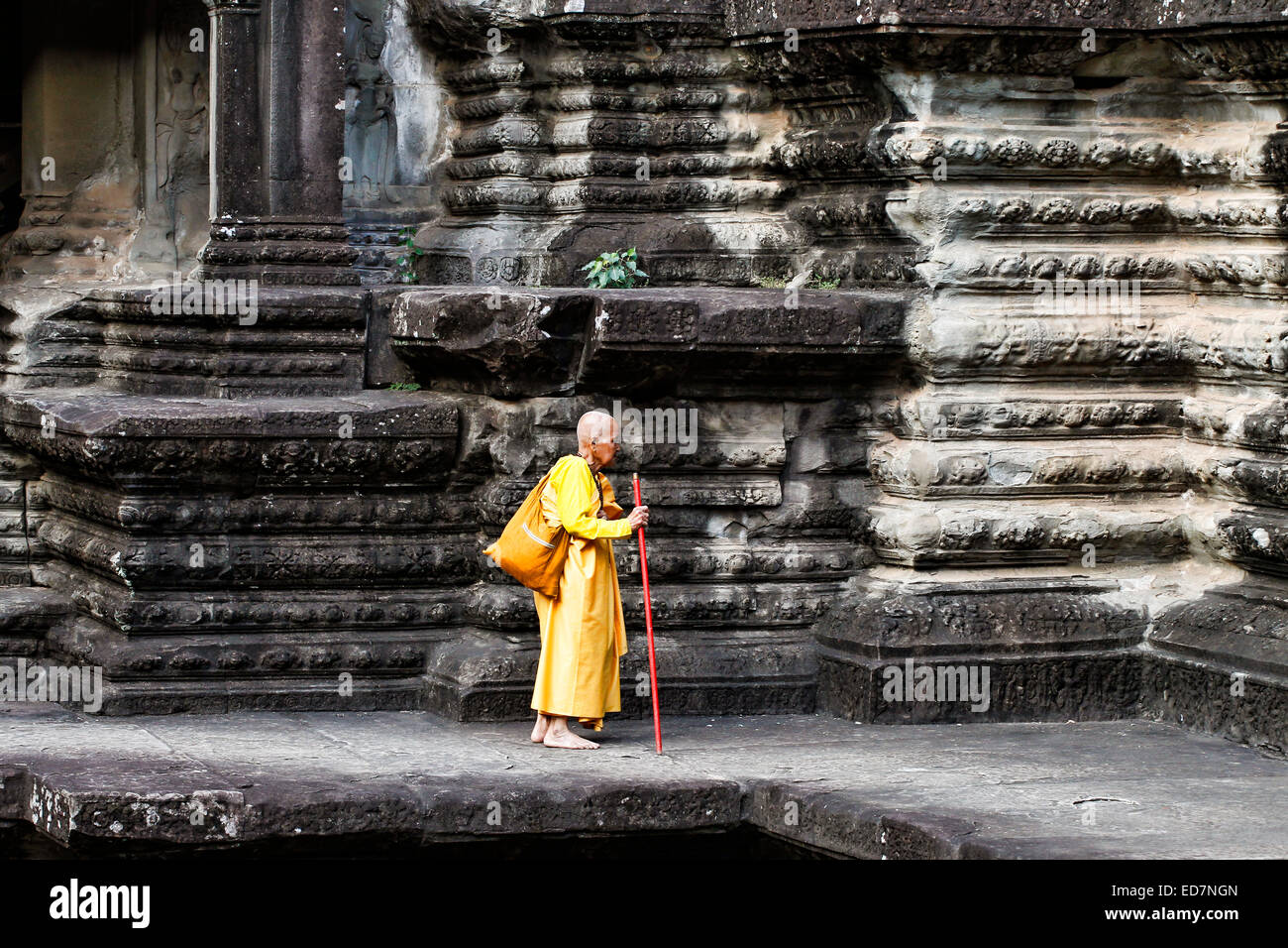 Buddhist monk at Angkor Wat temple in Cambodia Stock Photo