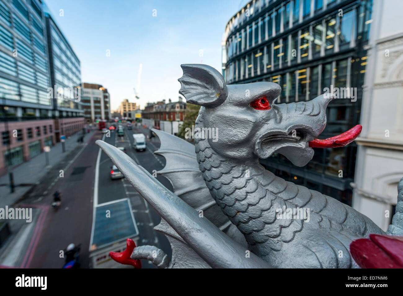 Dragon on Holborn Viaduct in the City of London with Goldman Sachs