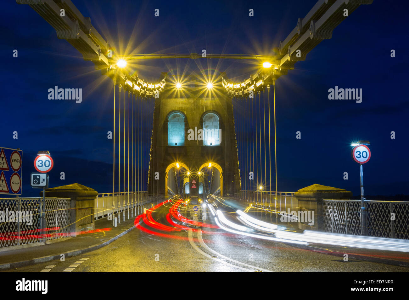 The Menai Bridge between Anglesey and Bangor in North wales Stock Photo