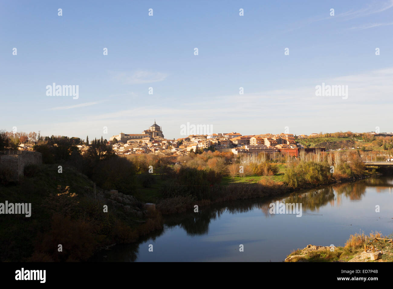 View of Toledo, Castilla–La Mancha, Spain next to the Tagus River. Stock Photo