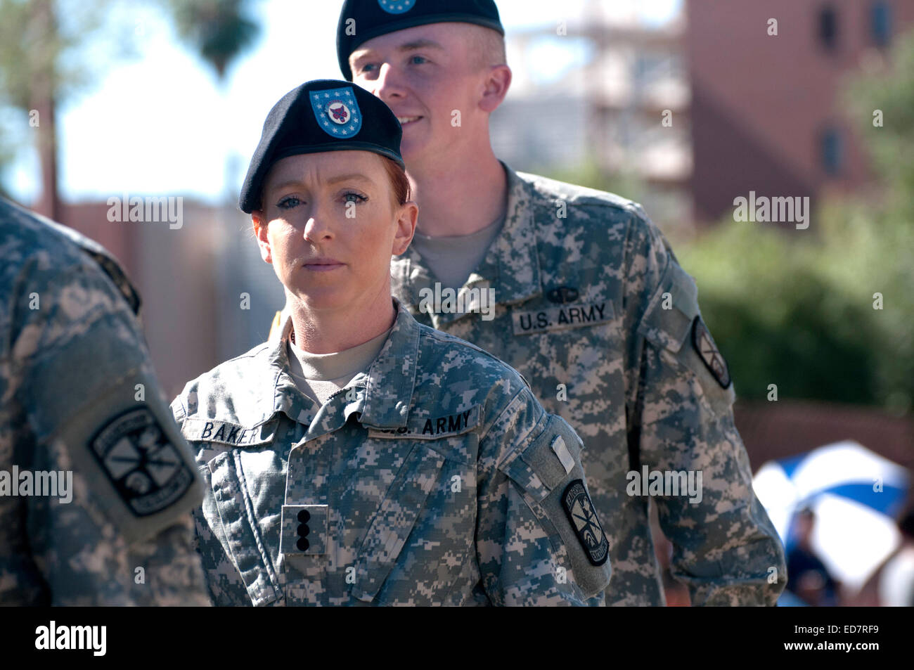 Soldiers in the U.S. Army march in the Veterans Day Parade, which honors American military veterans, in Tucson, Arizona, USA. Stock Photo