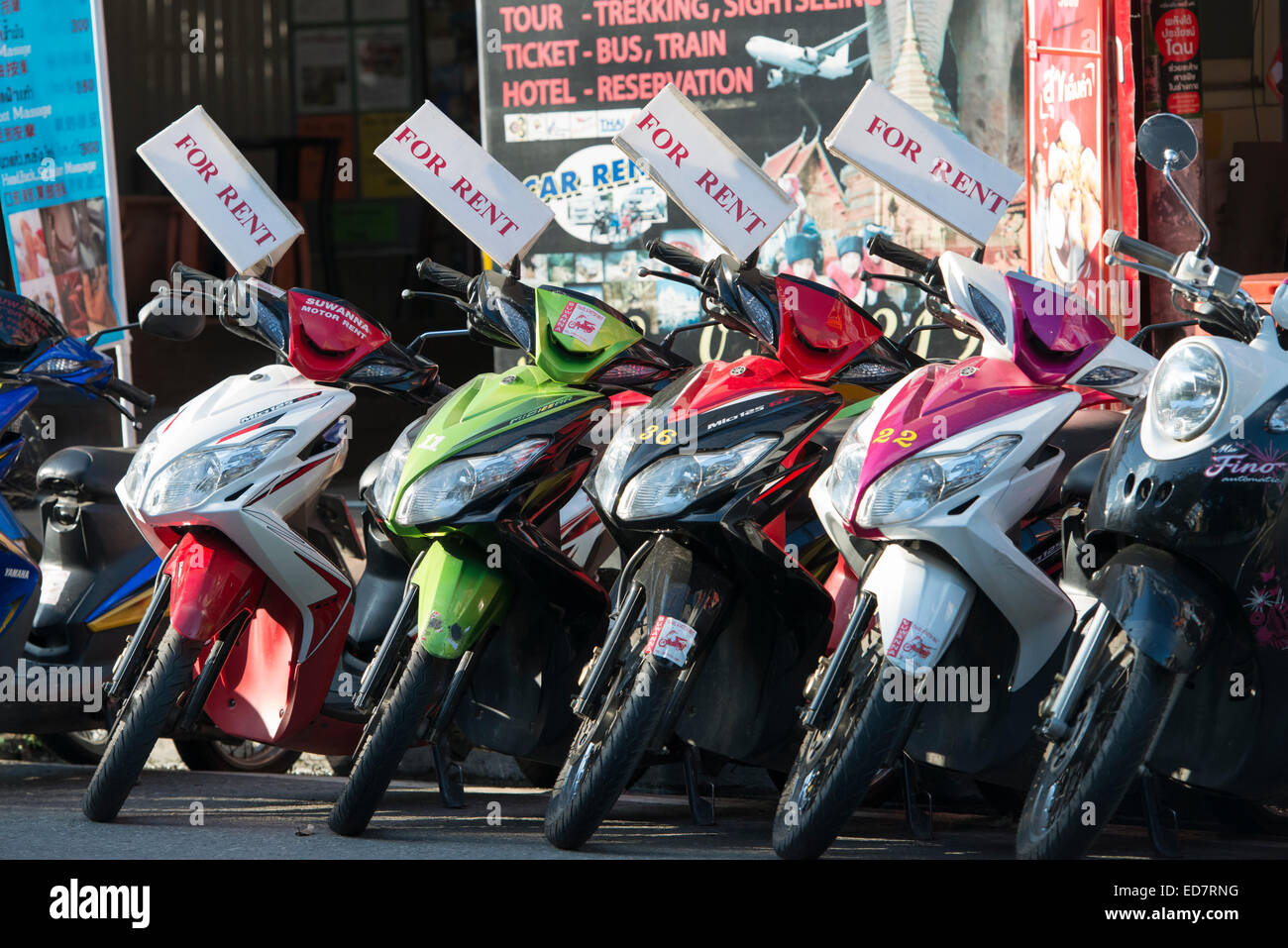 A Row of Motor Cycle for Rent in Chiang Mai, Thailand Stock Photo