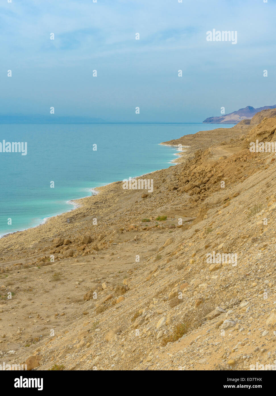 View of Dead Sea coastline in Jordan. Stock Photo