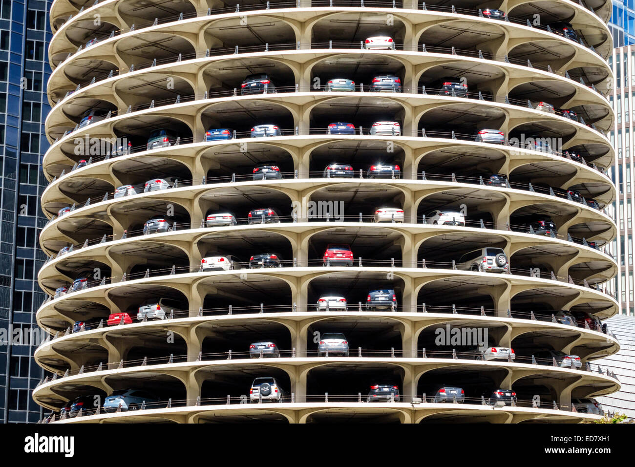 Chicago Illinois,River North,downtown,Marina City,high rise,residential,building,condominiums,parking garage,multi-level,covered,IL140906018 Stock Photo