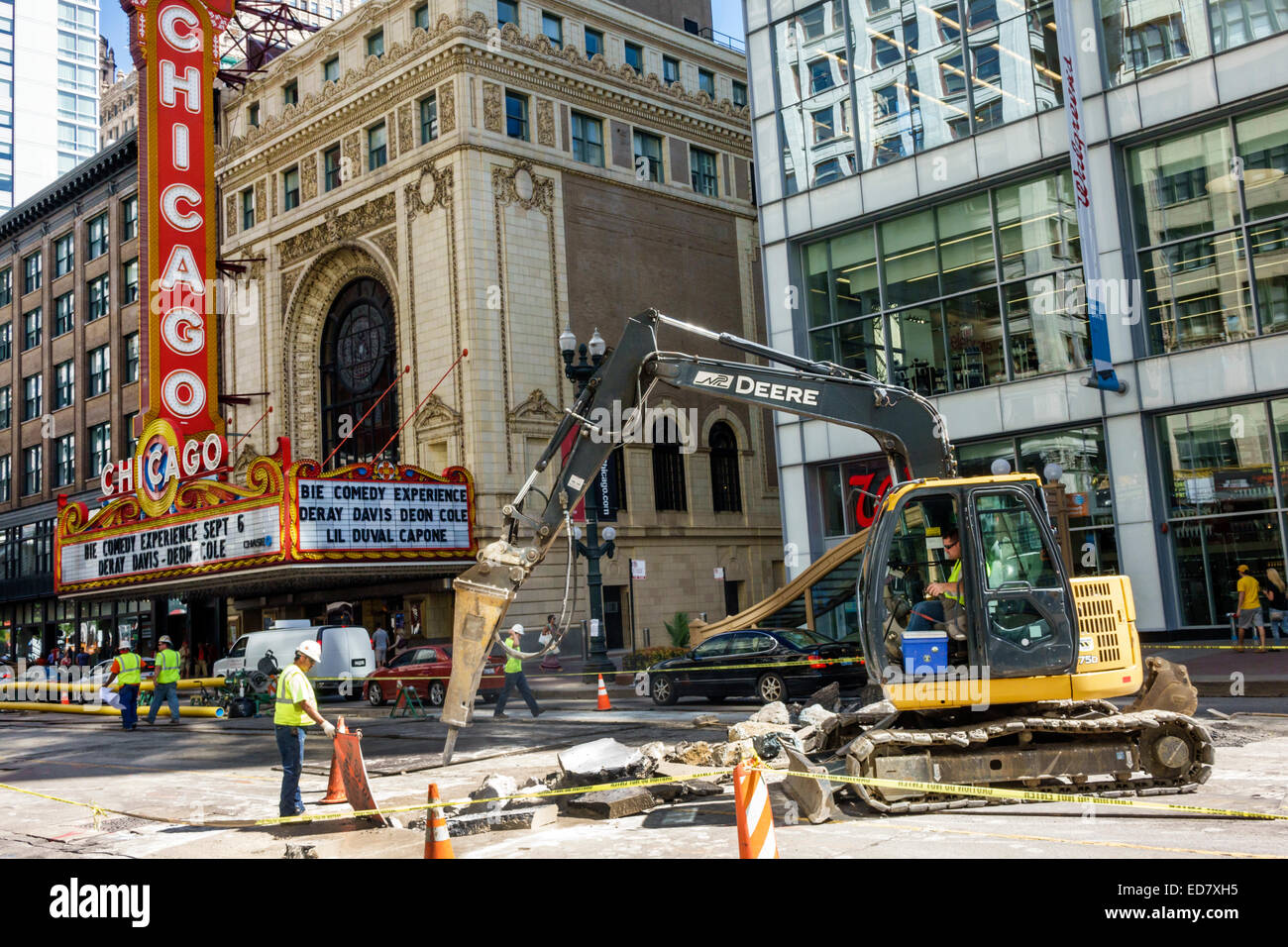 Chicago Illinois,Loop,downtown,North State Street,The Chicago Theatre,marquee,road,new,under,construction,site,repair,capital  improvements,adult adult Stock Photo - Alamy