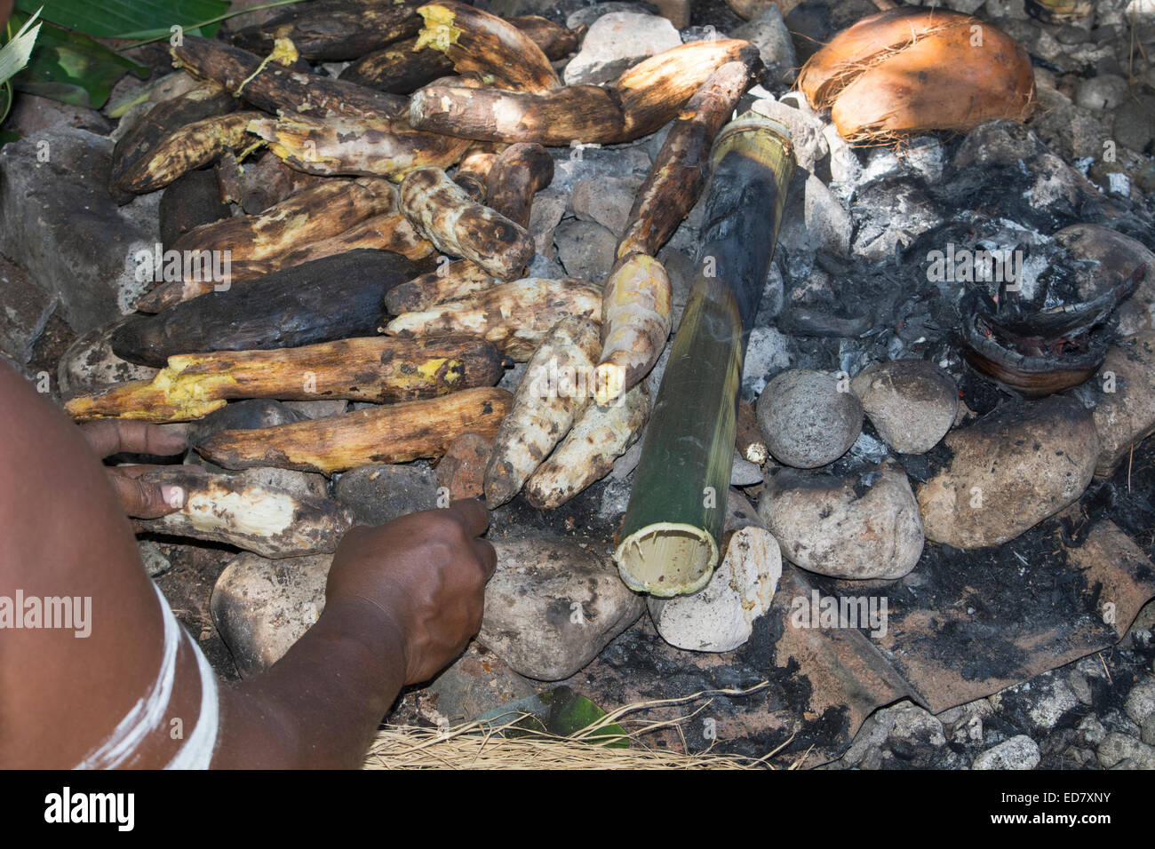 Melanesia, Solomon Islands, Guadalcanal Island, Honiara, Kakabona Cultural Village. Typical meal