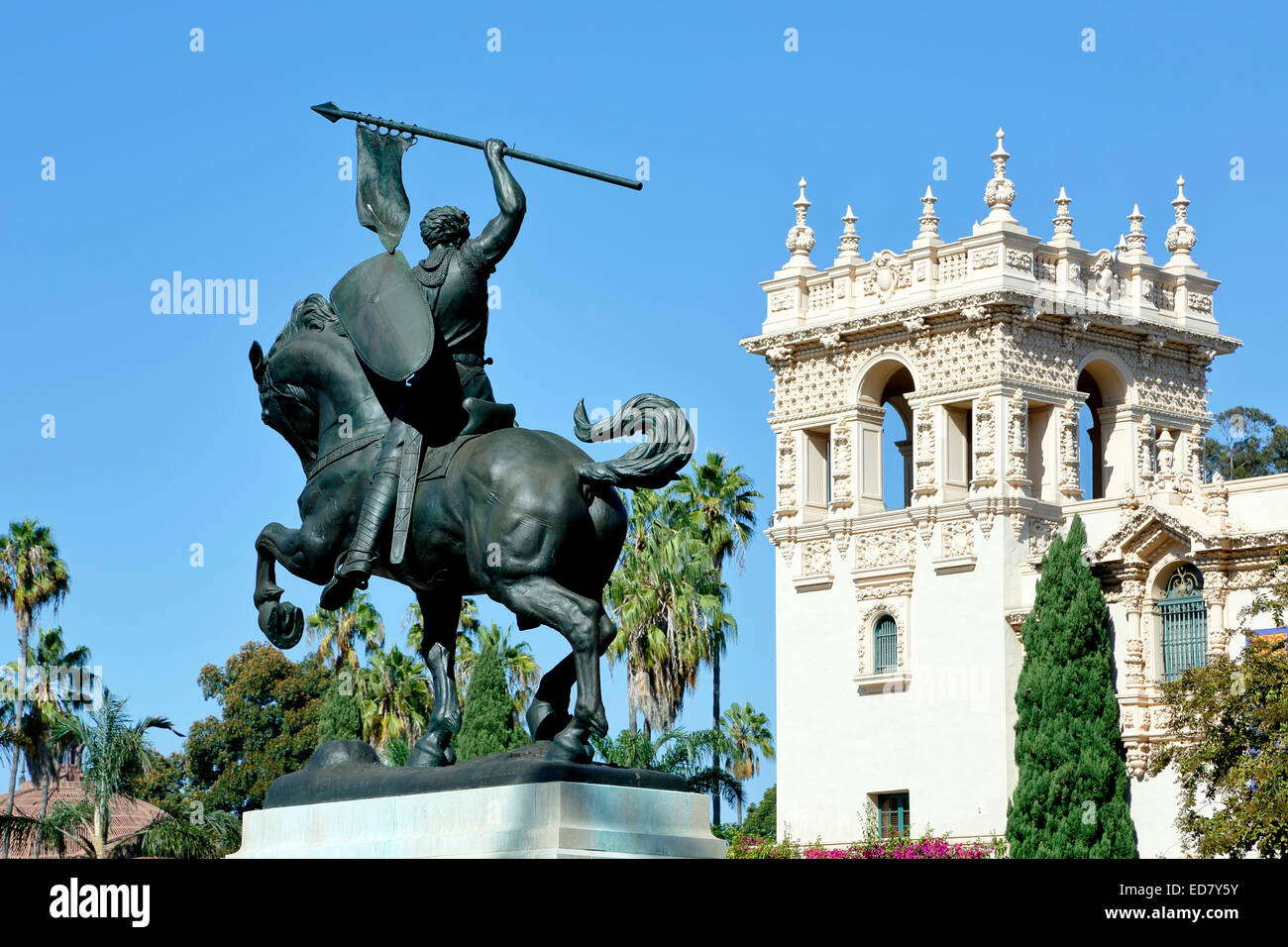'El Cid Campeador' sculpture, by Anna Hyatt Huntington, and House of Hospitality Tower, Balboa Park, San Diego, California USA Stock Photo
