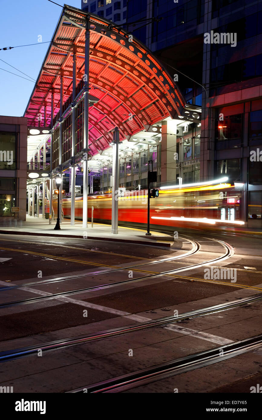 Trolley and tracks, American Plaza, Santa Fe Transit Center, San Diego, California USA Stock Photo