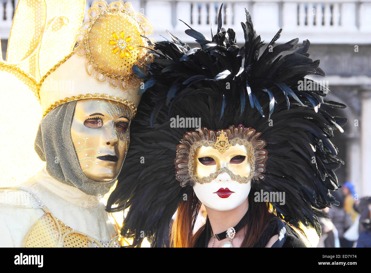 A masked couple exhibited during the traditional Carnival of Venice, Italy (2014 edition) Stock Photo