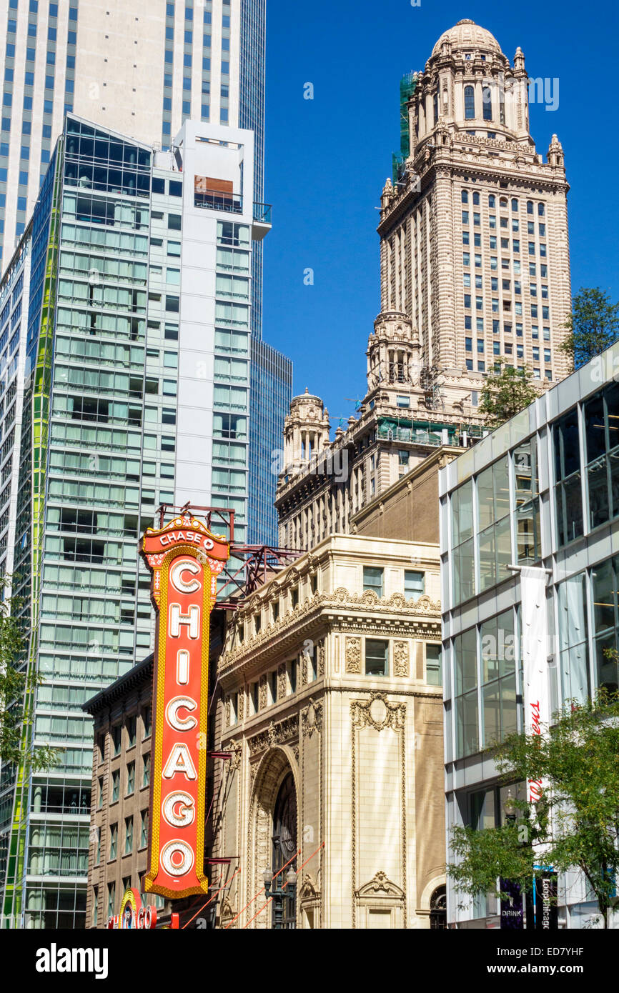 Chicago Illinois,Loop Retail Historic District,downtown,North State Street,Willoughby Tower,Chicago Theater,theatre,sign,city skyline,skyscrapers,IL14 Stock Photo