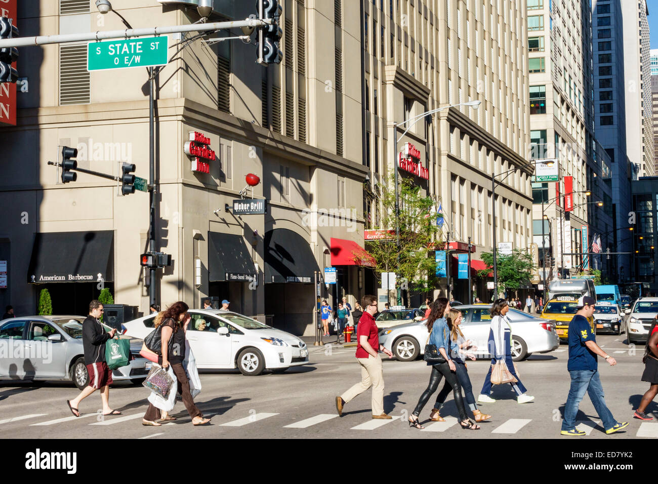 Chicago Illinois,River water North,downtown,South State Street East Grand Avenue,traffic,buildings,urban,Hilton Garden Inn,hotel hotels lodging inn mo Stock Photo