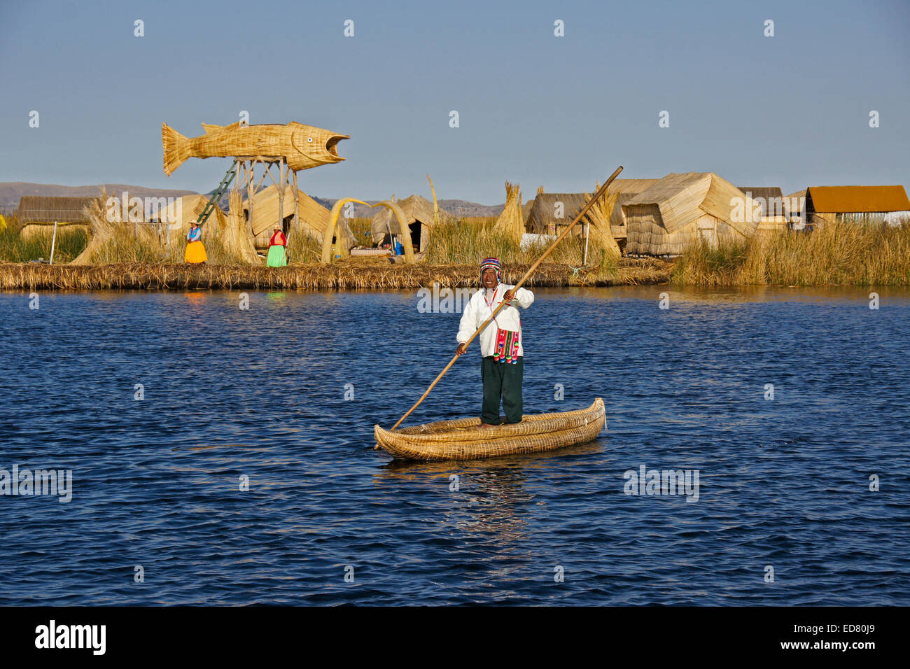 Uros Indian man in tortora reed boat with floating tortora reed island ...