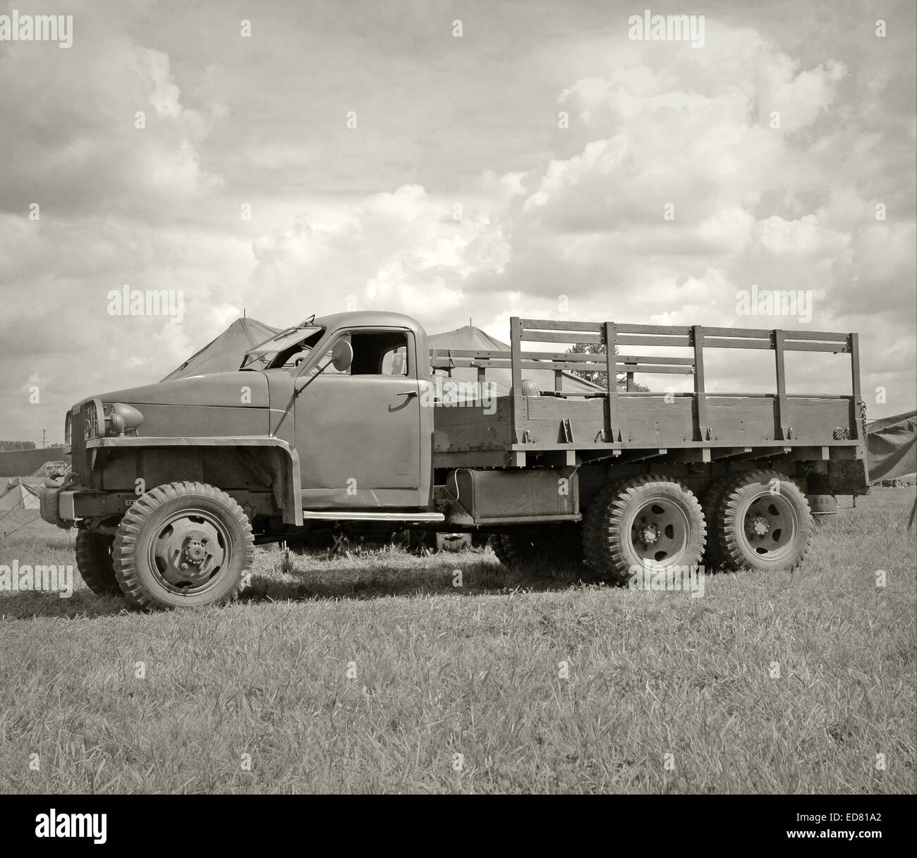 World War 2 era military truck side view black and white Stock Photo