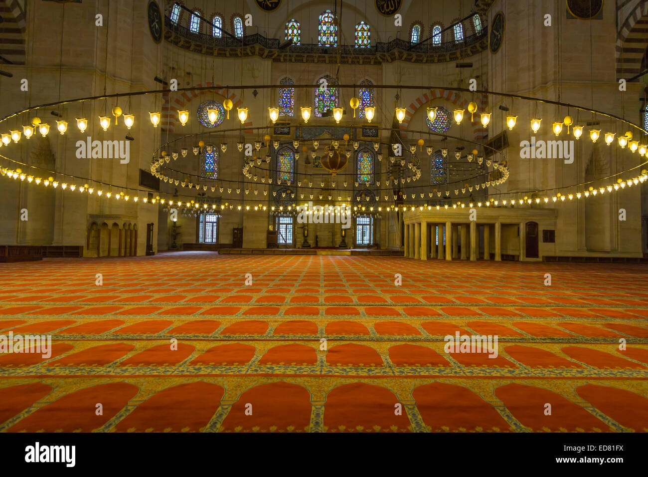 The interior prayer room of the Süleymaniye Mosque in Istanbul, Turkey, Eurasia. Stock Photo