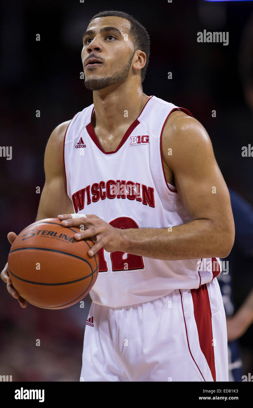 December 31, 2014: Wisconsin Badgers guard Traevon Jackson #12 at the free throw line during the NCAA Basketball game between the Wisconsin Badgers and Penn State Nittany Lions at the Kohl Center in Madison, WI. Wisconsin defeated Penn State 89-72. John Fisher/CSM Stock Photo