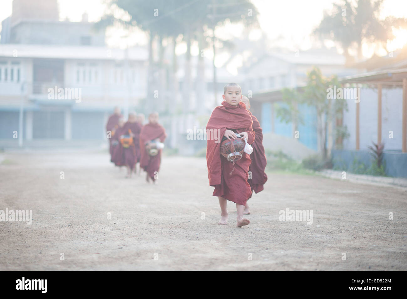 Young initiate monks collecting alms in the early morning Stock Photo