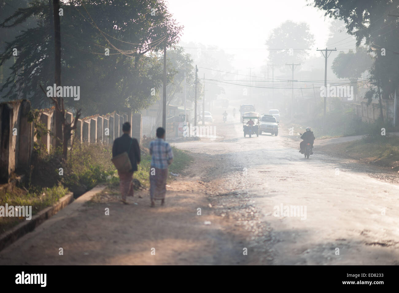 Street scene in early morning smog, Loikaw Stock Photo
