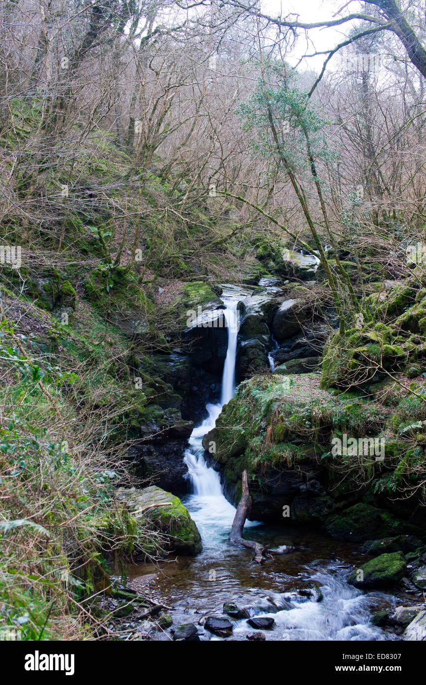 A waterfall on the Farley Water, a tributary of the East Lyn River, slow shutter speed, near Lynmouth, north Devon, England, UK. Stock Photo