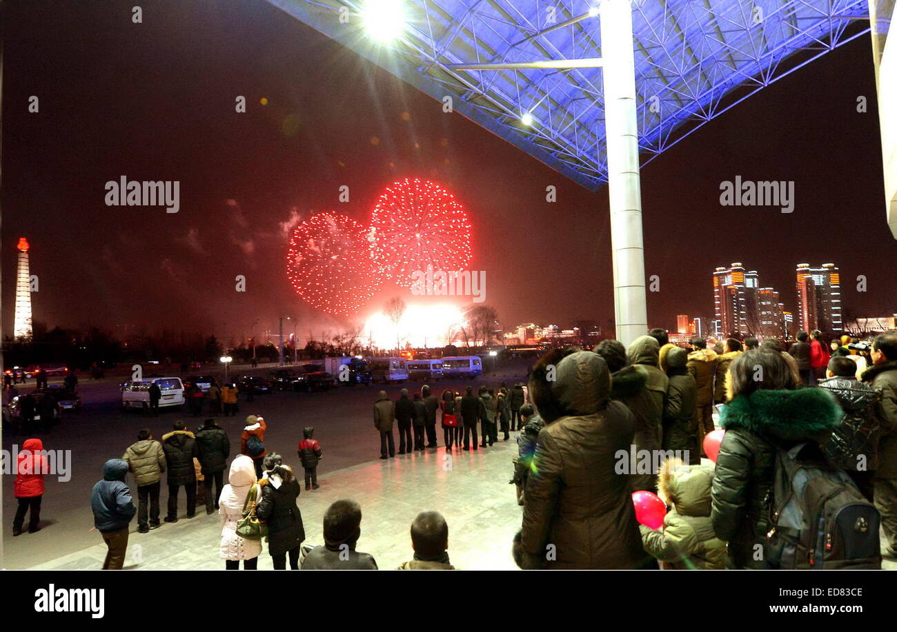 Pyongyang. 1st Jan, 2015. Photo provided by Korean Central News Agency (KCNA) on Jan. 1, 2015 shows fireworks displaying in the sky over Pyongyang on the New Year of 2015. Credit:  KCNA/Xinhua/Alamy Live News Stock Photo