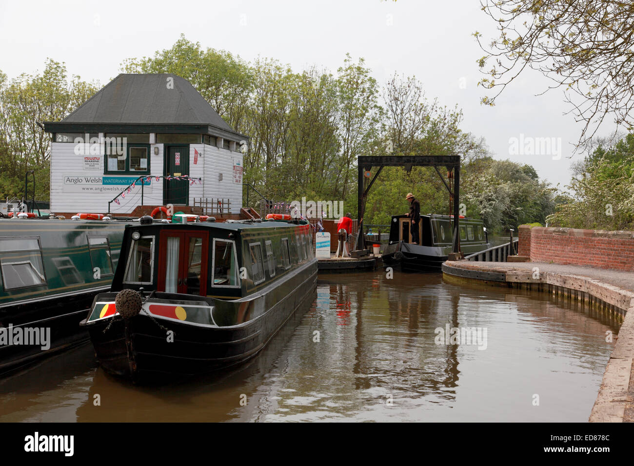 A narrowboat on the aqueduct at Wootton Wawen on the Stratford upon Avon Canal next to the Anglo Welsh hire company base Stock Photo