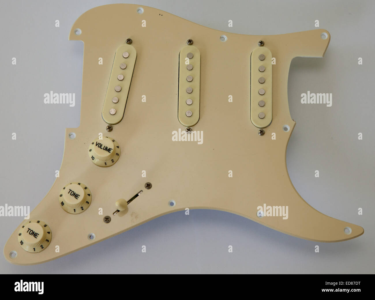 Guitar pickguard left handed, loaded with pickups, volume and tonme controls, and selector switch, stratocaster style guitar Stock Photo