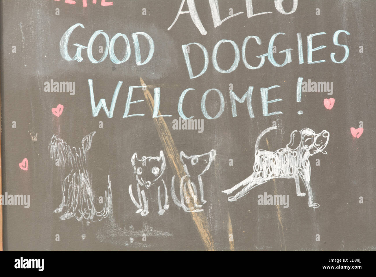 Good doggies welcome in cafe sign at Mousehole, Cornwall, England Stock Photo